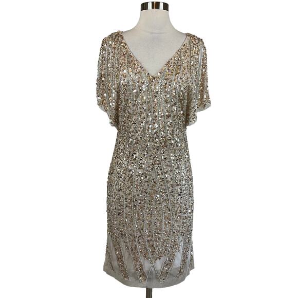 Adrianna Papell Dresses & Skirts - Adrianna Papell Women's Cocktail Dress Size 4 Gold Sequin Short Sleeve Sheath
